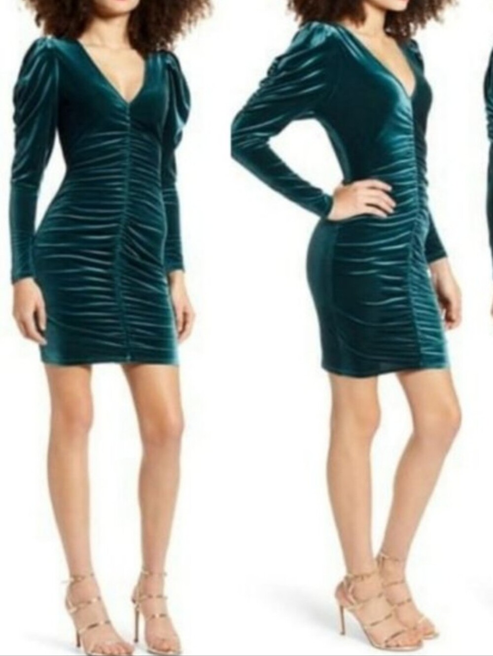 Leith Velour Ruched Long Sleeve Mini Formal Dress Bodycon Party Emerald S NEW